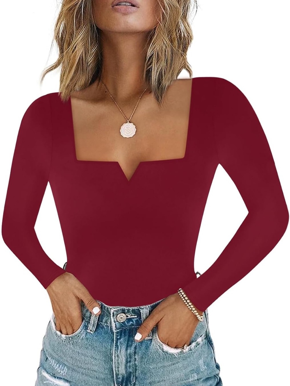 NWOT New Amazon Long Sleeve Square V-Notch Thong Bodysuit - Red Wine XL